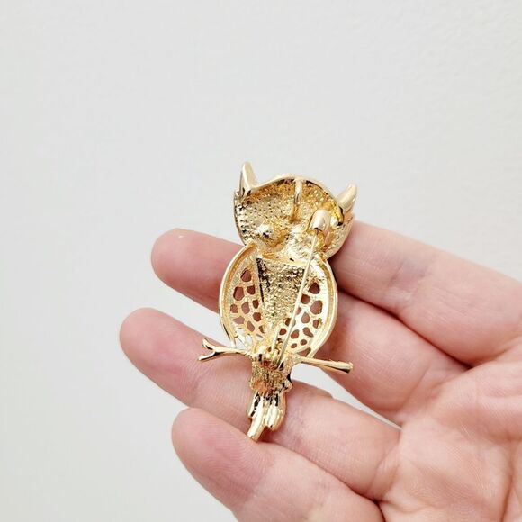 Brand New 2 In 1 Yellow & Green Owl Gold Tone Rhinestone Brooch Pin & Pendant - Picture 7 of 8